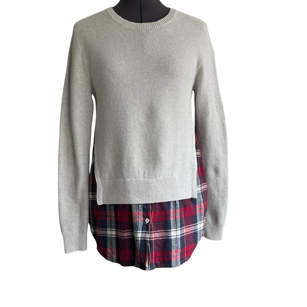 Treasure & Bond Gray Crewneck Sweater with Red Plaid Hem